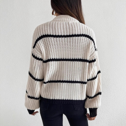 Women’s Knit Sweater – Relaxed Fit – Crew Neck – Textured Stripes – Long Sleeve
