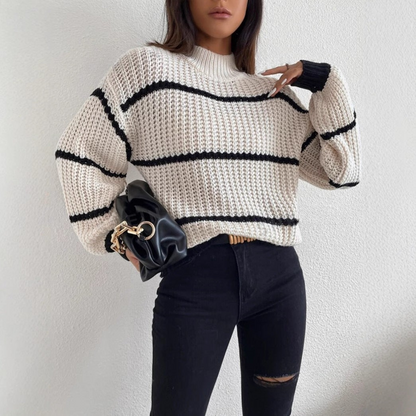 Women’s Knit Sweater – Relaxed Fit – Crew Neck – Textured Stripes – Long Sleeve