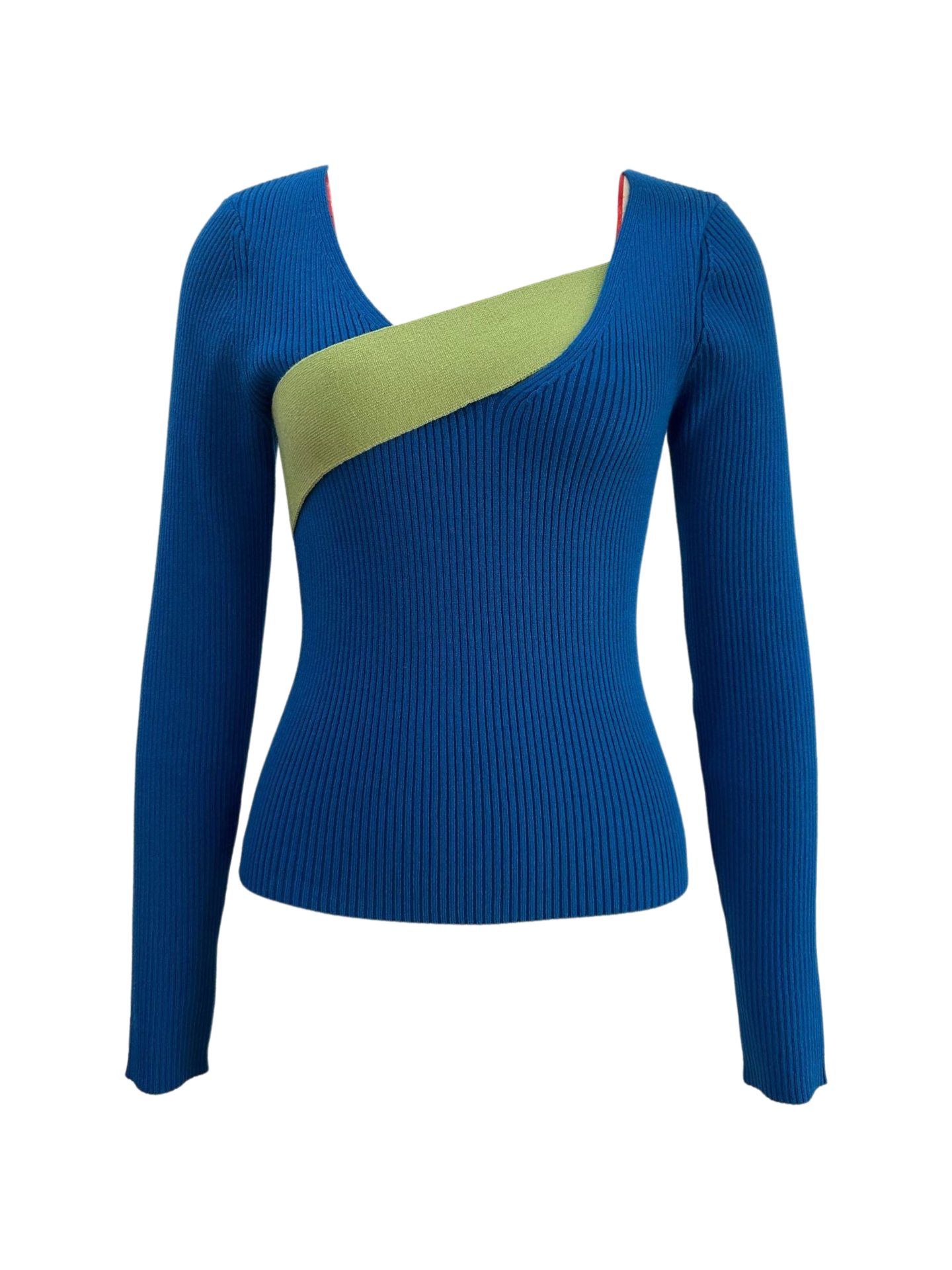 Women’s Knit Top – Slim Fit – Ribbed Texture – Asymmetric Neckline – Long Sleeve