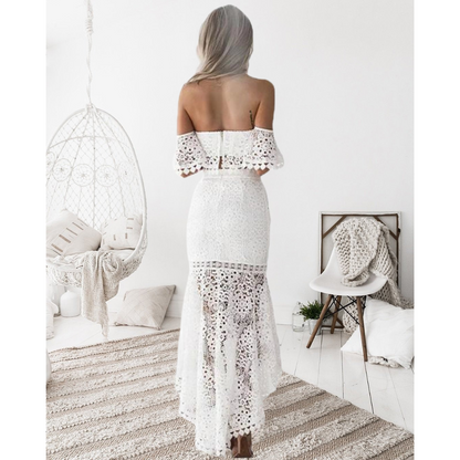 Women’s Two-Piece Set – Lace Bustier Top with Flared Sleeves – High-Waist Pencil Skirt