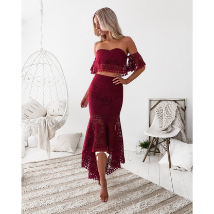 Women’s Two-Piece Set – Lace Bustier Top with Flared Sleeves – High-Waist Pencil Skirt