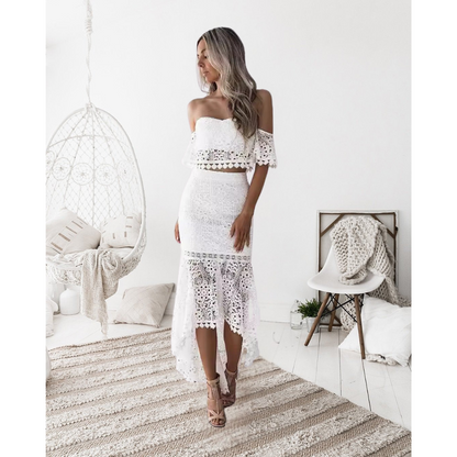 Women’s Two-Piece Set – Lace Bustier Top with Flared Sleeves – High-Waist Pencil Skirt
