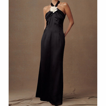 Women’s Evening Dress – Satin Slim Fit – Halter Neck – Floral Embellishment – Floor Length