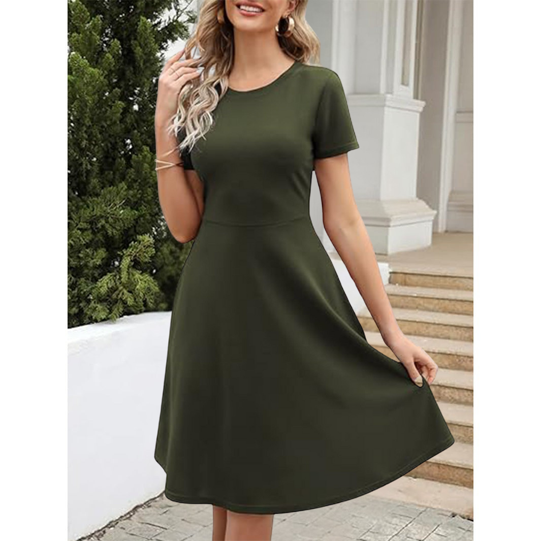Women’s Fit and Flare Dress – Lightweight Fabric – Round Neck – Short Sleeve – Knee Length