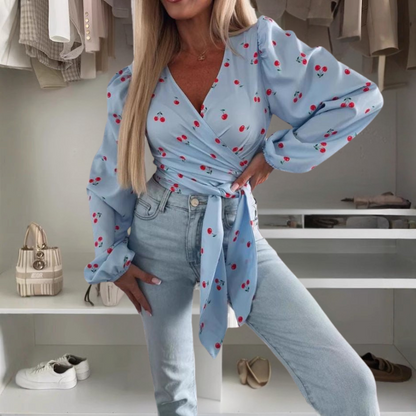 Women’s Wrap Top – Deep V-Neck – Tie Waist – Puff Sleeve – Cropped Fit – Printed