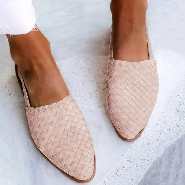 Women’s Leather Loafers – Braided Upper – Slip-On – Rounded Toe – Low Heel Casual Fit