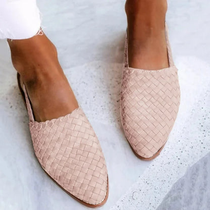 Women’s Leather Loafers – Braided Upper – Slip-On – Rounded Toe – Low Heel Casual Fit