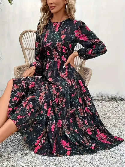 Women’s Midi Dress – Floral Print – Relaxed Fit – Tiered Skirt – Breathable Blend