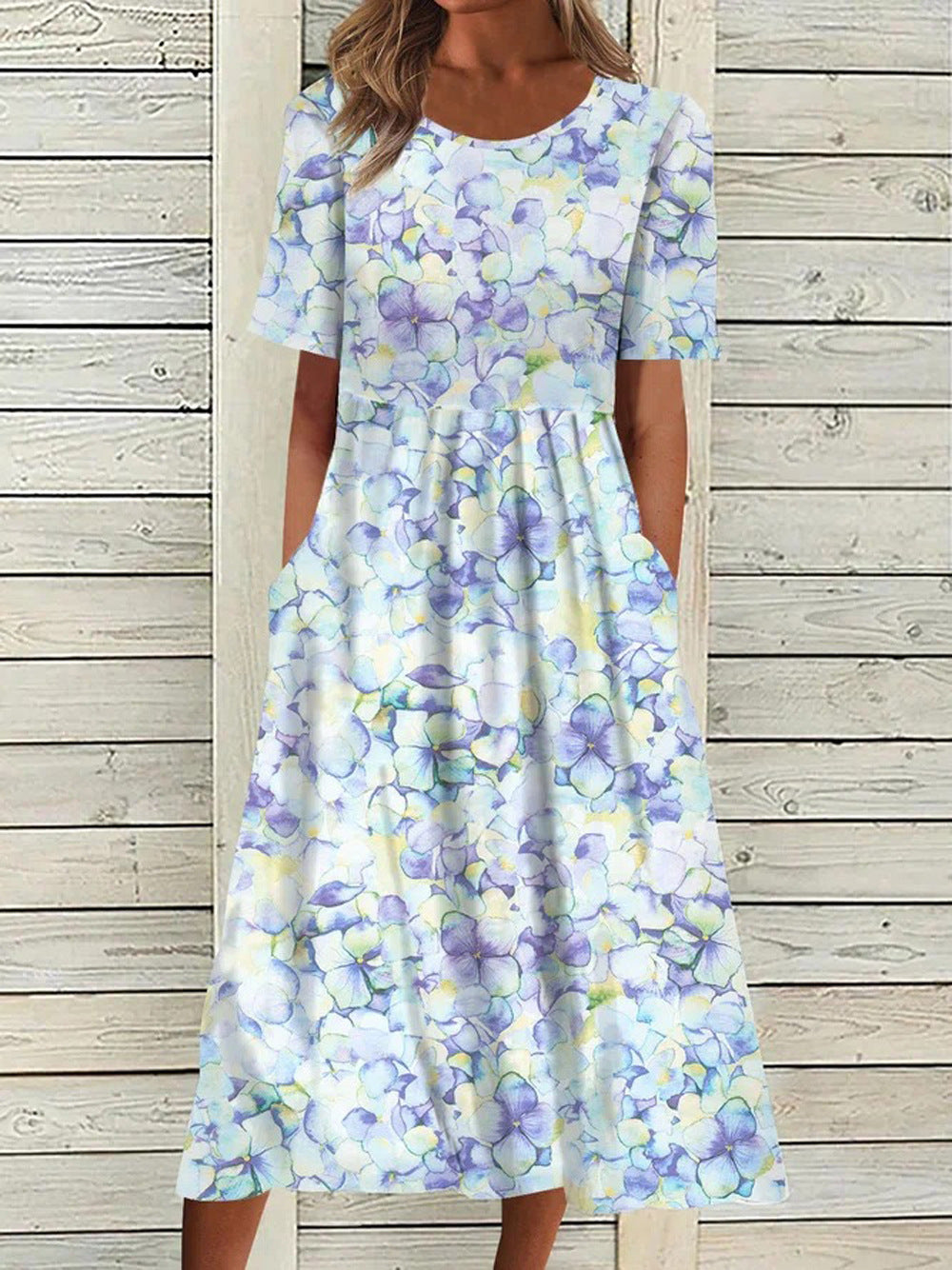Women's Summer Midi Dress - Short Sleeve - Polka Dot Pattern