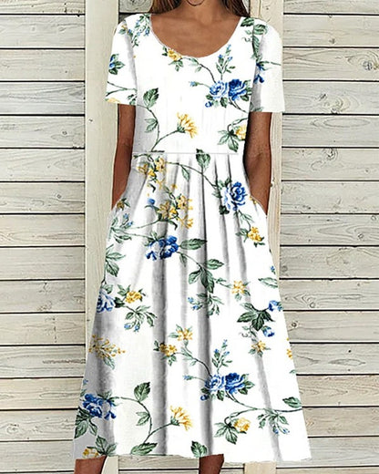 Women's Summer Midi Dress - Short Sleeve - Polka Dot Pattern