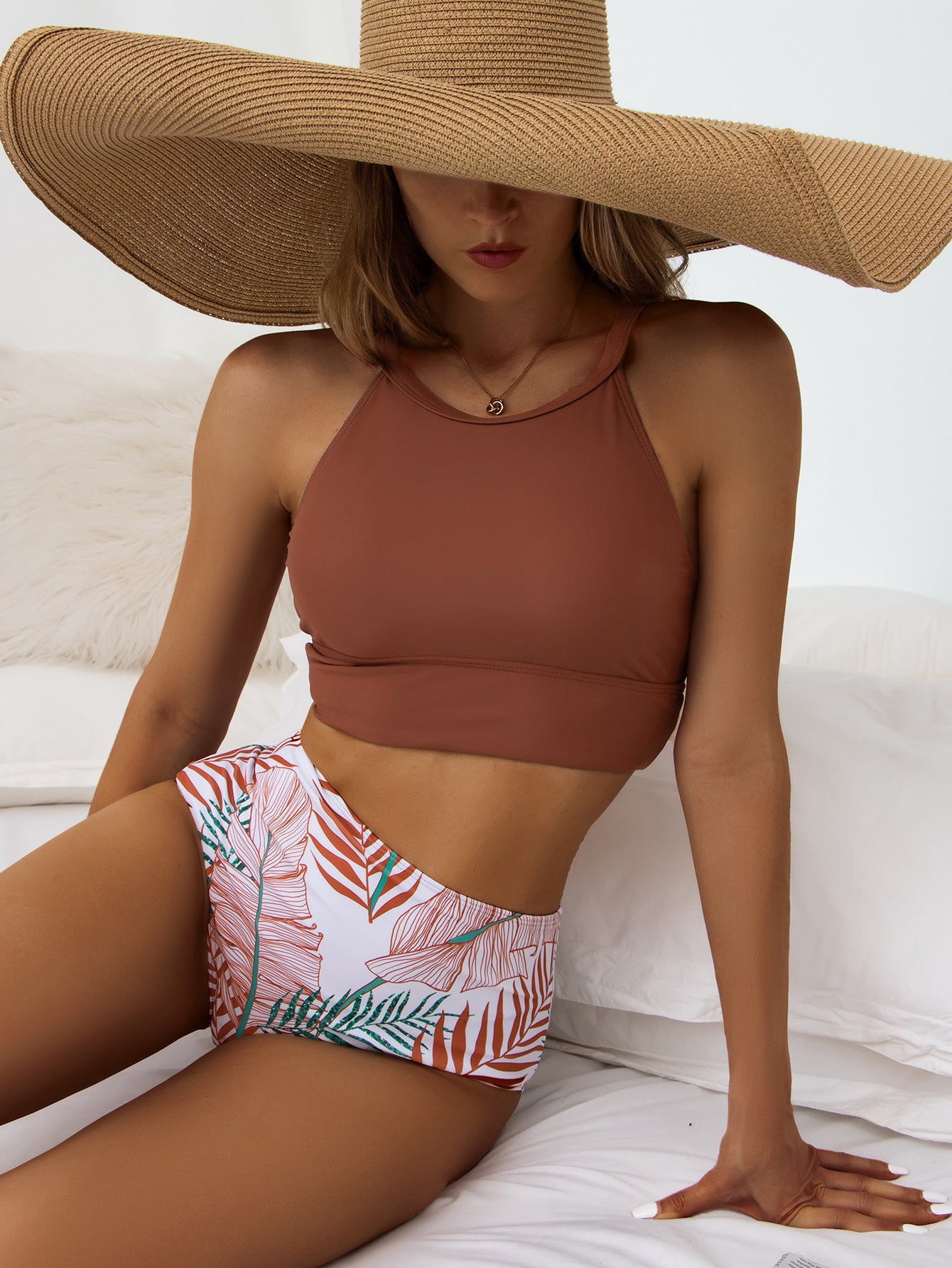 Women’s Bikini Set – High Neck Racerback Top – High Waisted Printed Bottoms – Stretch Fit