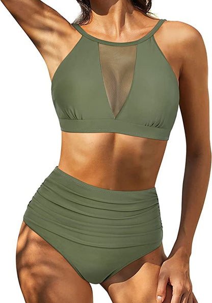 Women’s Bikini Set – High Waist – Lace-Up Top – Hollow Out – Ruched – Breathable Blend