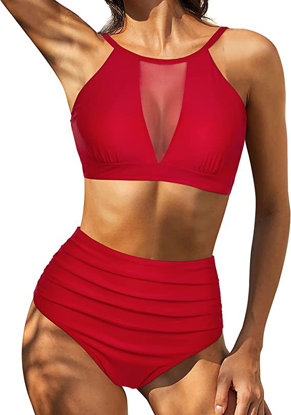 Women’s Bikini Set – High Waist – Lace-Up Top – Hollow Out – Ruched – Breathable Blend