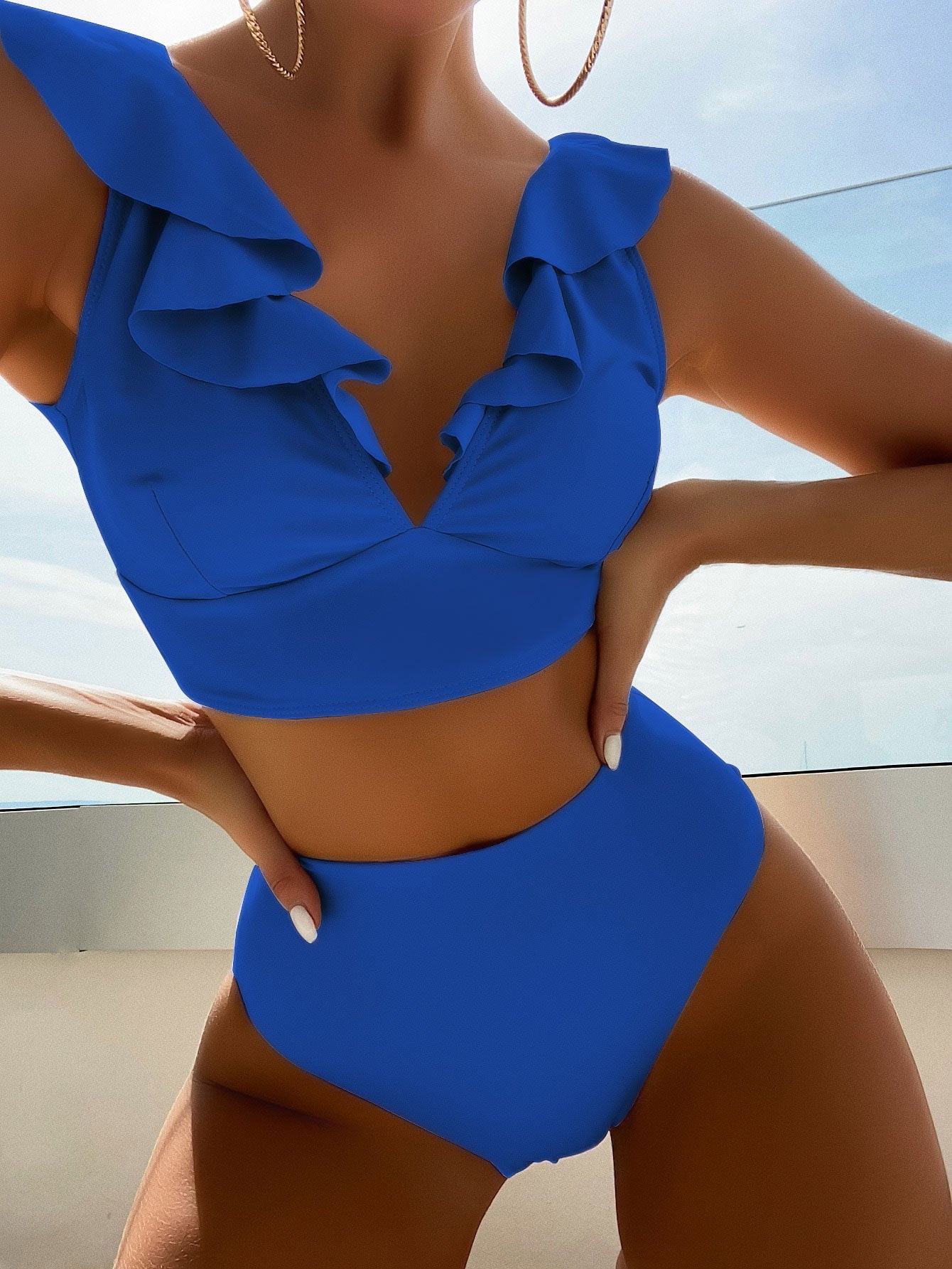 Women’s Bikini Set – Ruffled V-Neck Top – High-Waisted – Stretch Fit – Full Coverage