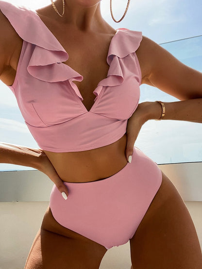 Women’s Bikini Set – Ruffled V-Neck Top – High-Waisted – Stretch Fit – Full Coverage