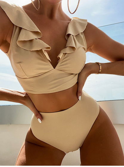 Women’s Bikini Set – Ruffled V-Neck Top – High-Waisted – Stretch Fit – Full Coverage