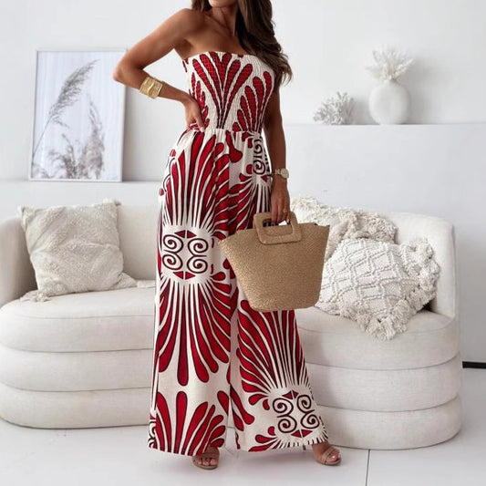 Women’s Jumpsuit – Strapless Sleeveless – Wide Leg – Bold Print – Relaxed Fit