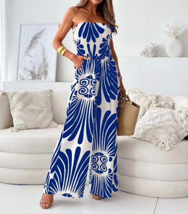 Women’s Jumpsuit – Strapless Sleeveless – Wide Leg – Bold Print – Relaxed Fit