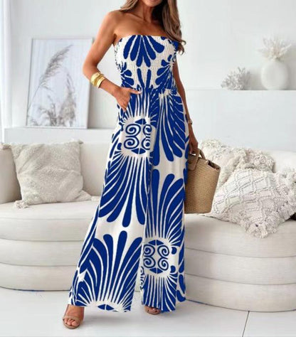 Women’s Jumpsuit – Strapless Sleeveless – Wide Leg – Bold Print – Relaxed Fit