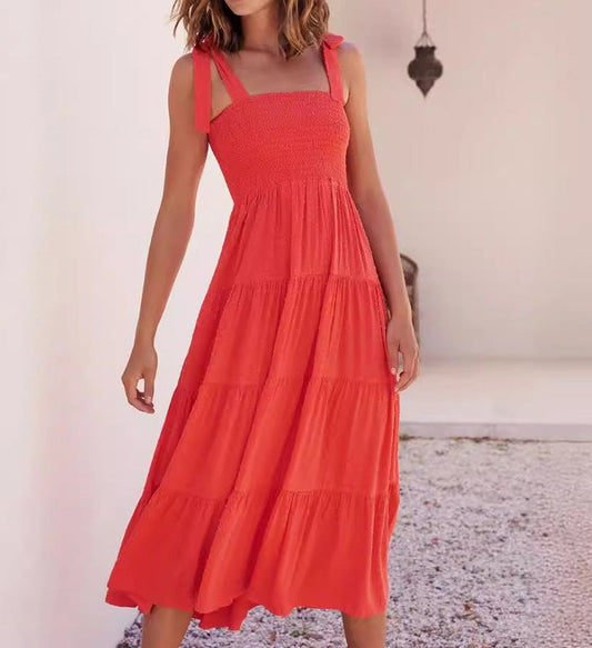Women’s Midi Dress – Smocked Bodice – Adjustable Straps – Tiered A-Line Skirt