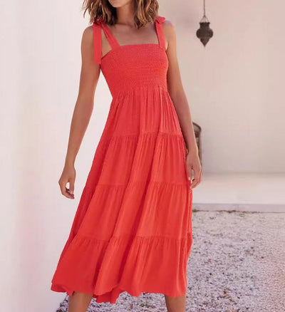 Women’s Midi Dress – Smocked Bodice – Adjustable Straps – Tiered A-Line Skirt