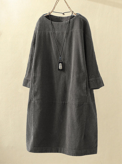 Women’s Corduroy Dress – Relaxed Fit – Midi Length – Round Neck – 3/4 Sleeve