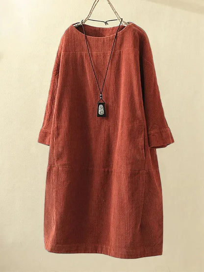 Women’s Corduroy Dress – Relaxed Fit – Midi Length – Round Neck – 3/4 Sleeve