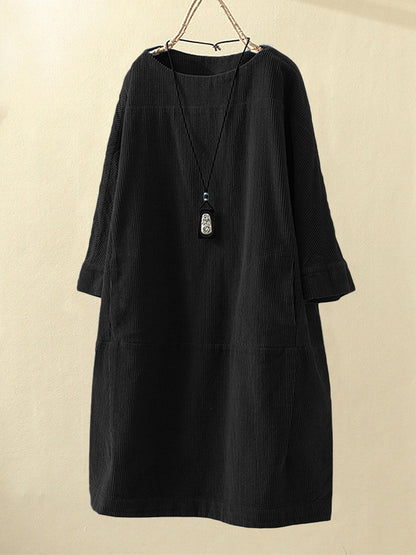 Women’s Corduroy Dress – Relaxed Fit – Midi Length – Round Neck – 3/4 Sleeve