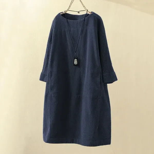 Women’s Corduroy Dress – Relaxed Fit – Midi Length – Round Neck – 3/4 Sleeve