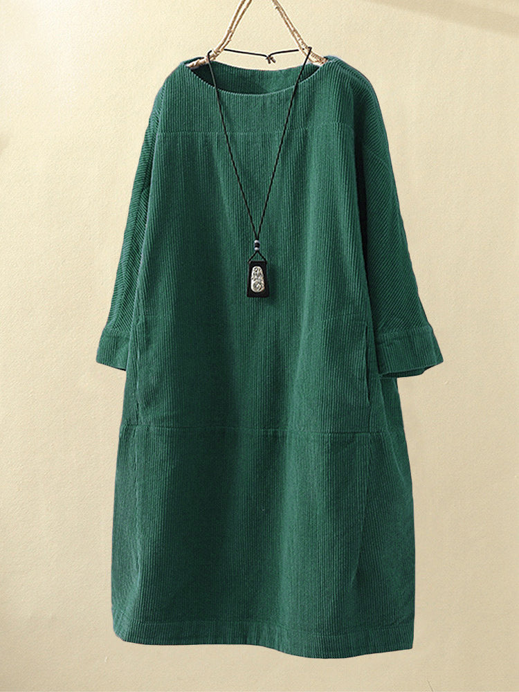 Women’s Corduroy Dress – Relaxed Fit – Midi Length – Round Neck – 3/4 Sleeve
