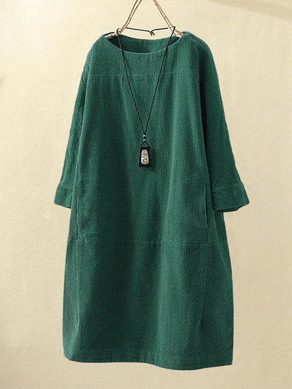 Women’s Corduroy Dress – Relaxed Fit – Midi Length – Round Neck – 3/4 Sleeve