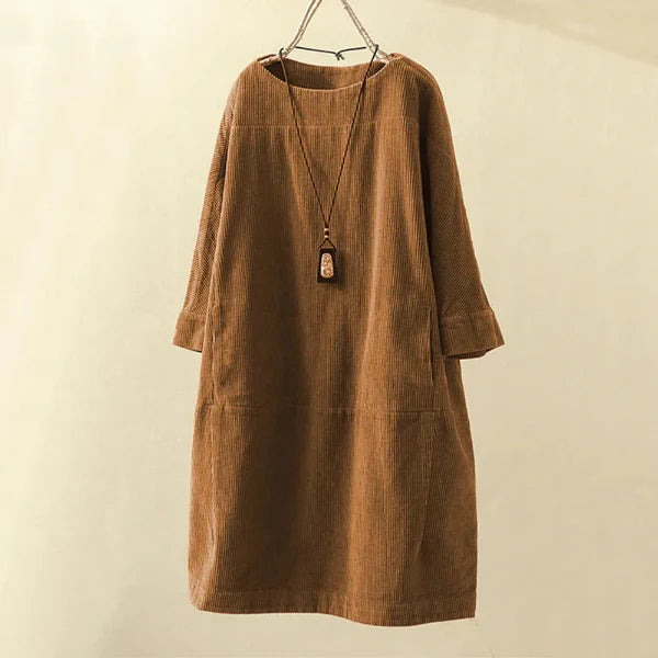 Women’s Corduroy Dress – Relaxed Fit – Midi Length – Round Neck – 3/4 Sleeve