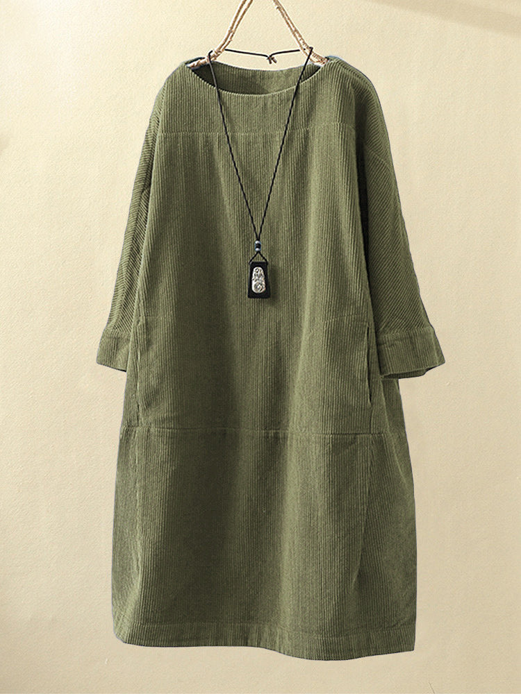Women’s Corduroy Dress – Relaxed Fit – Midi Length – Round Neck – 3/4 Sleeve