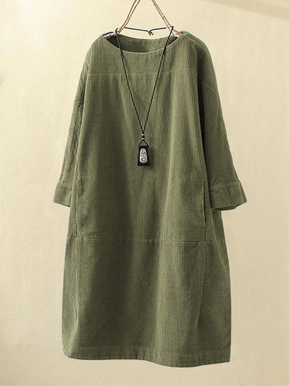 Women’s Corduroy Dress – Relaxed Fit – Midi Length – Round Neck – 3/4 Sleeve