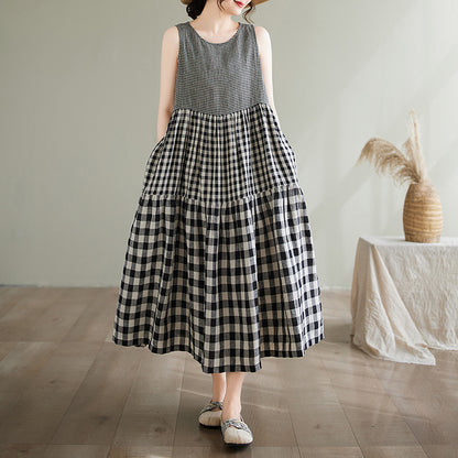 Women’s Maxi Dress – A-Line Fit – Sleeveless – Cotton – Mixed Polka Dot & Check