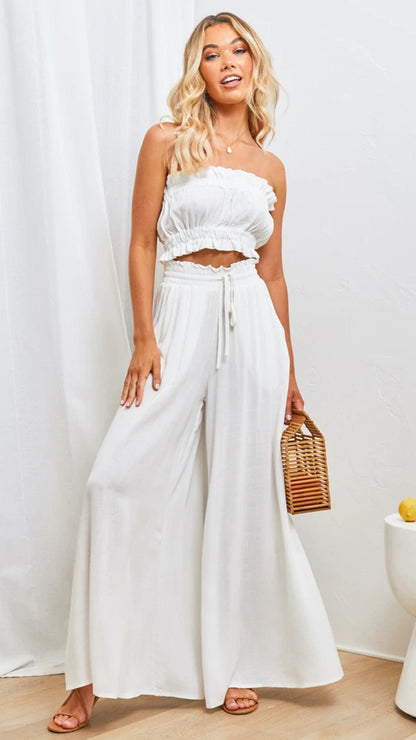 Women’s Relaxed Fit Pants – Wide Leg – Pleated Cotton Blend – Elastic Drawstring Waist