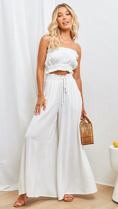 Women’s Relaxed Fit Pants – Wide Leg – Pleated Cotton Blend – Elastic Drawstring Waist