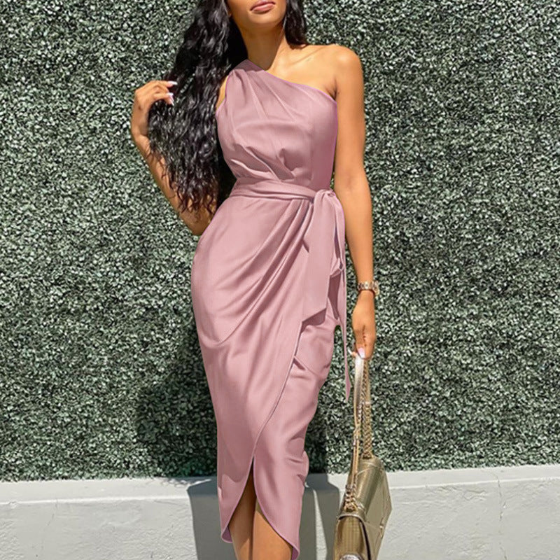 Women’s Midi Dress – Slim Fit – One Shoulder – Side Tie – Draped Elegant Silhouette