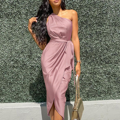 Women’s Midi Dress – Slim Fit – One Shoulder – Side Tie – Draped Elegant Silhouette