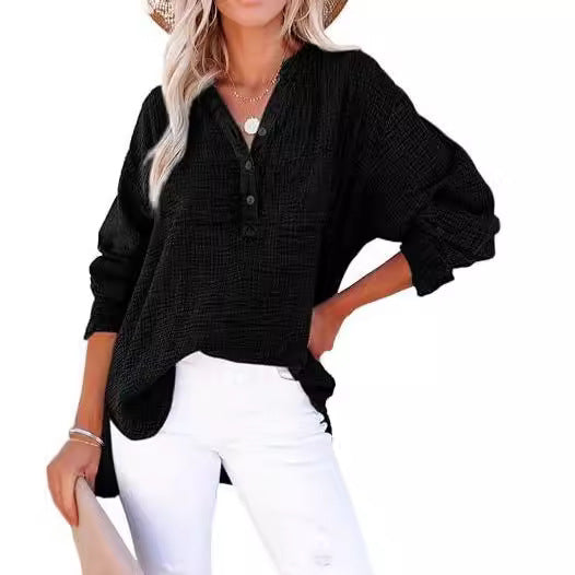 Women’s Shirt – Loose Fit – Cotton – Pleated Front – Button-Up Long Sleeve