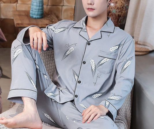 Men’s Pajama Set – Relaxed Fit – Silky Feel – Button-Up Long Sleeve Shirt