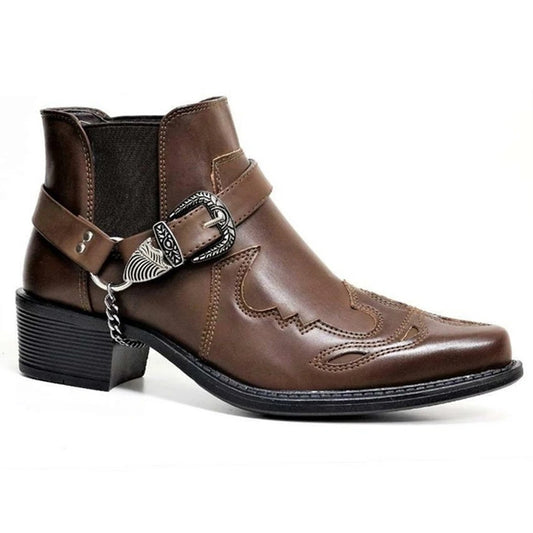 Men’s Cowboy Boots – Leather Slip-On – Pointed Toe – Harness Chain – Ankle High