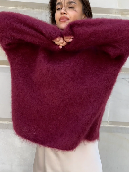 Women’s Pullover Sweater – Mohair Blend – Oversized Fit – Long Sleeve – Round Neck