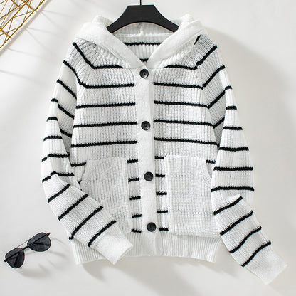 Women’s Hooded Cardigan Sweater – Relaxed Fit – Knit – Ribbed – Striped – Button Front
