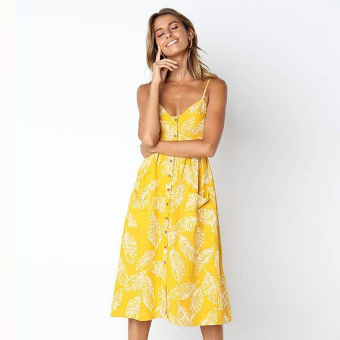 Women's Midi Dress - Sleeveless Spaghetti Straps - Button-Down A-Line Fit