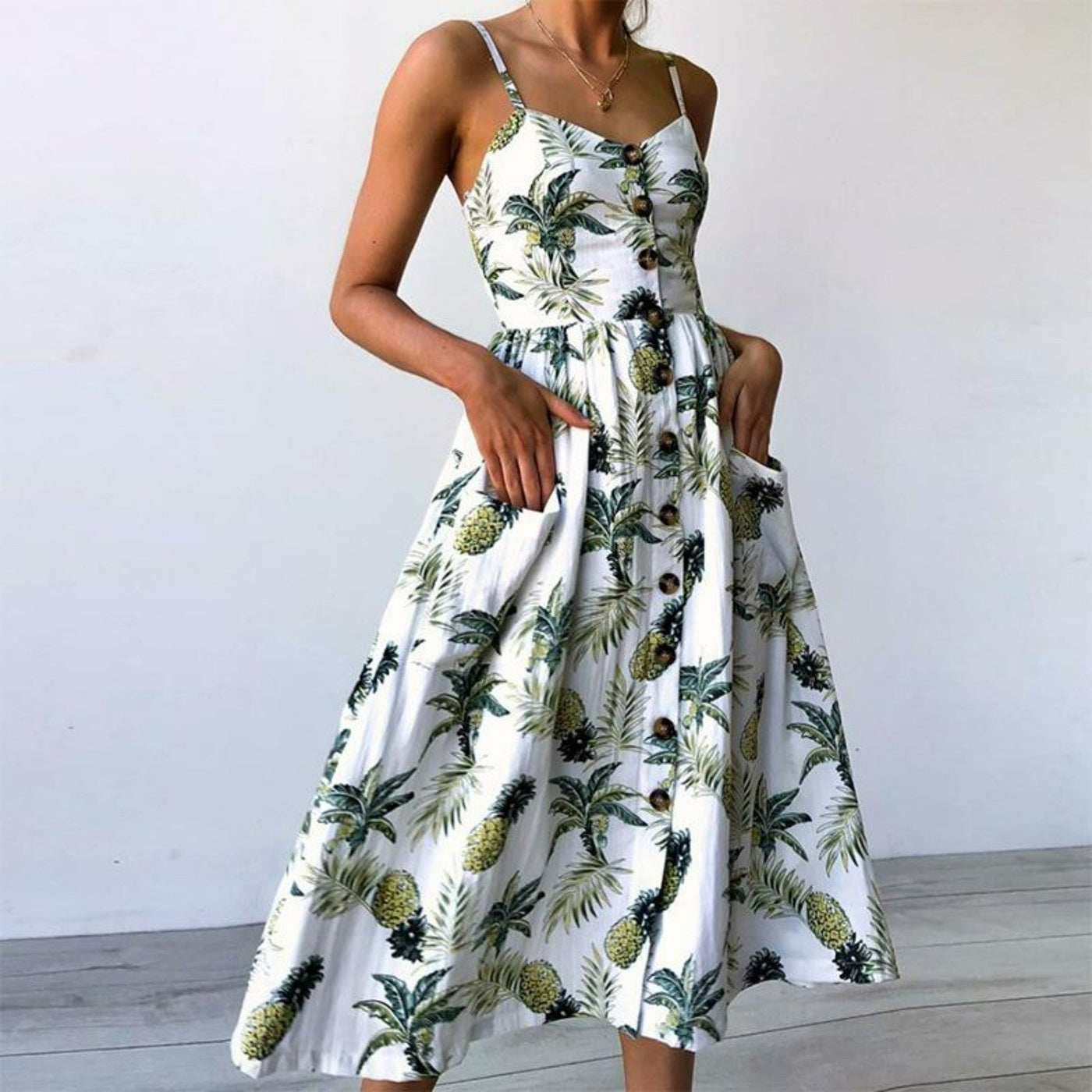 Women's Midi Dress - Sleeveless Spaghetti Straps - Button-Down A-Line Fit