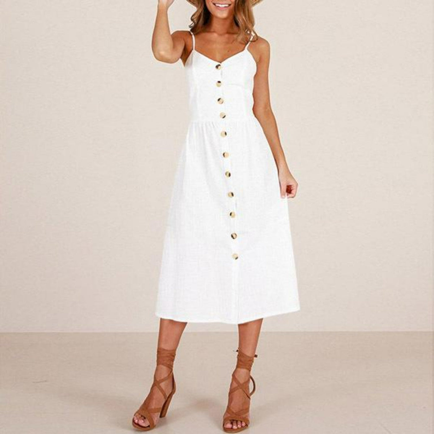 Women's Midi Dress - Sleeveless Spaghetti Straps - Button-Down A-Line Fit