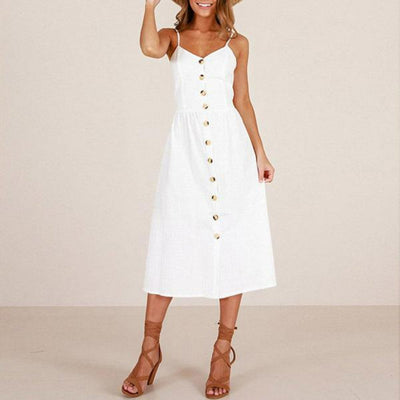 Women's Midi Dress - Sleeveless Spaghetti Straps - Button-Down A-Line Fit