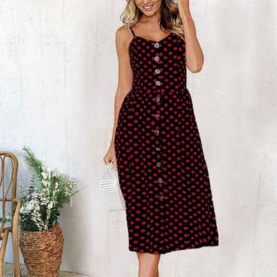 Women's Midi Dress - Sleeveless Spaghetti Straps - Button-Down A-Line Fit