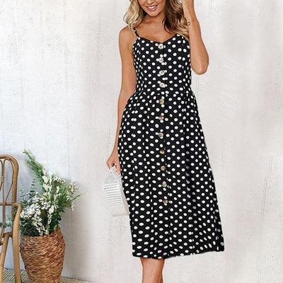 Women's Midi Dress - Sleeveless Spaghetti Straps - Button-Down A-Line Fit